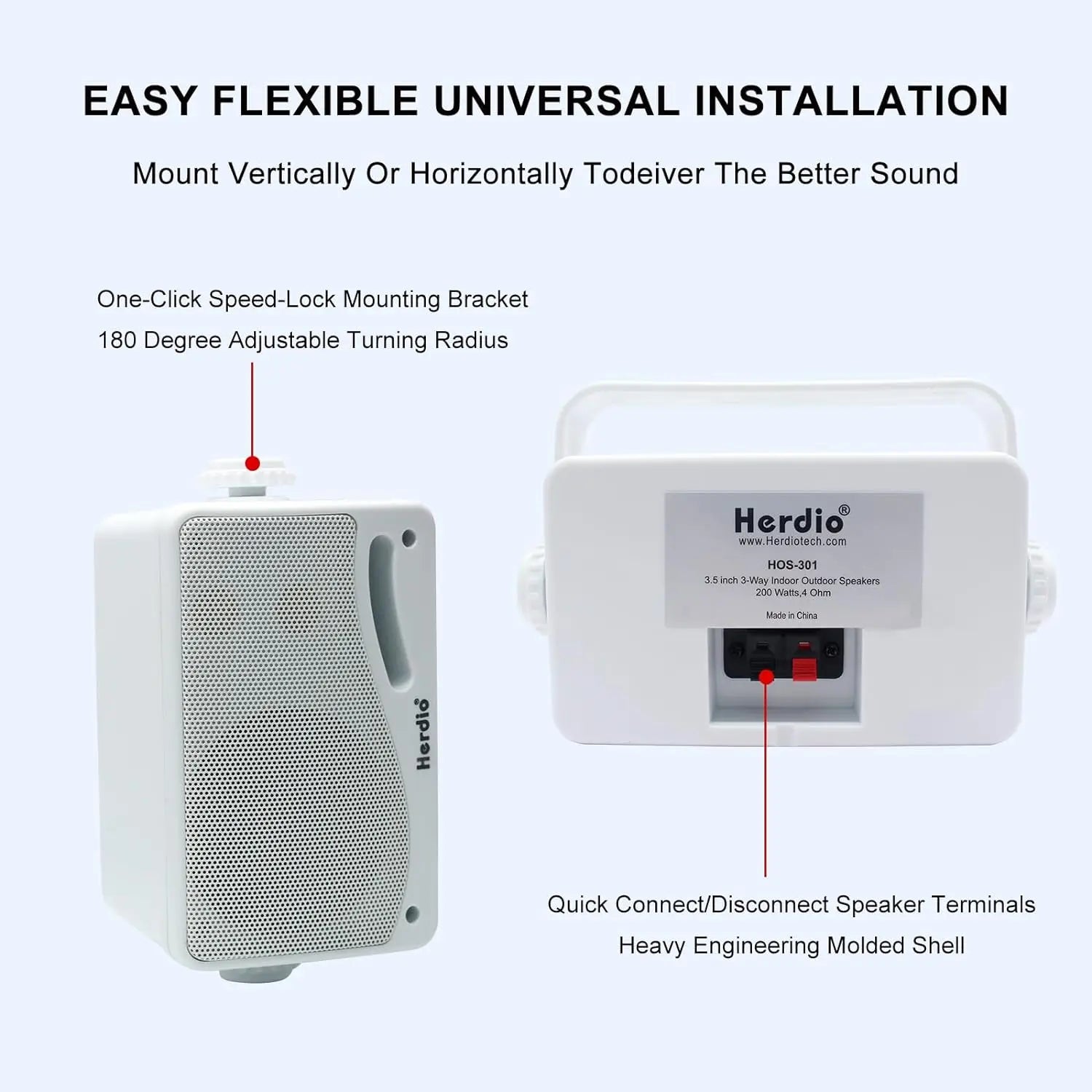 3.5-Inch Wired 200W Passive Outdoor Speakers — 3-Way Waterproof Wall-Mount Pair, ABS Weatherproof