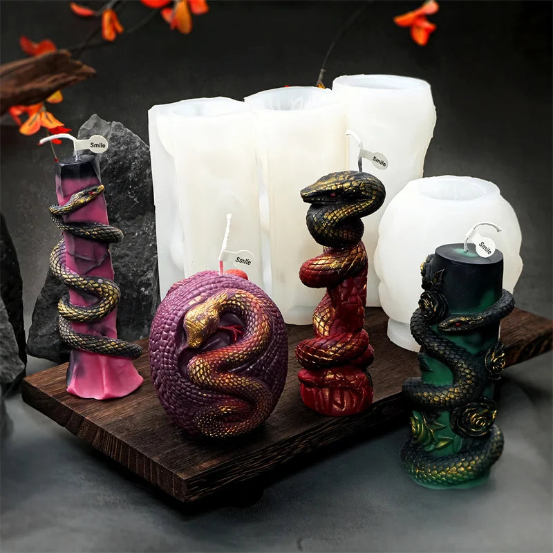 Snake Silicone Candle Mold - Column Candlestick Mold with Coiled Snake, Egg & Rose Relief for DIY Candles & Gypsum Decor