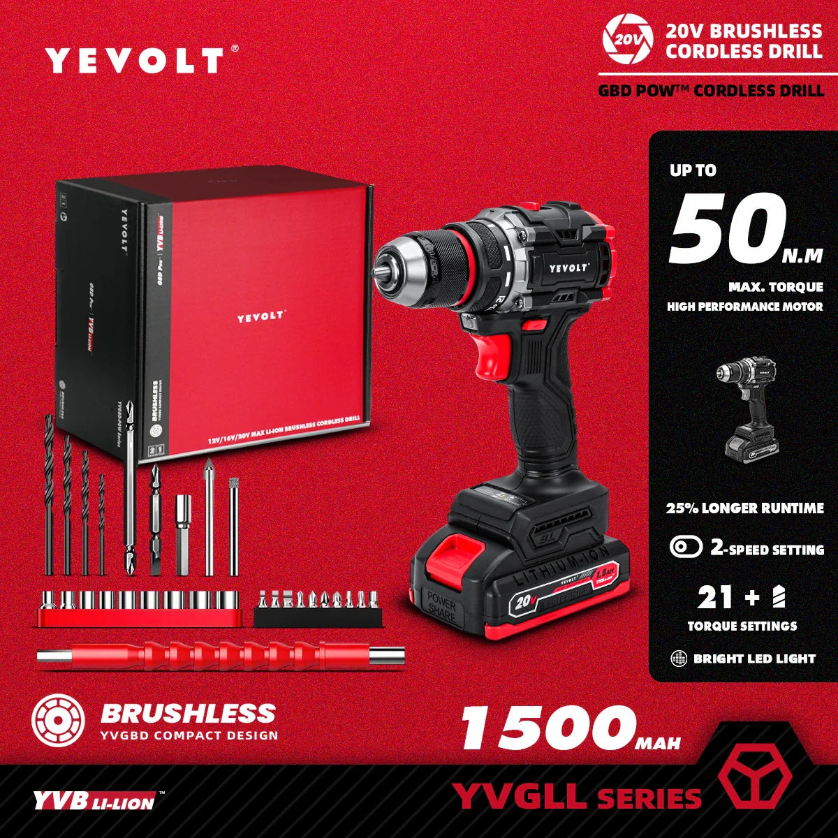 20V Brushless Cordless Drill Driver, Compact 21+1 Torque Keyless 3/8\" (0.8–10mm) Handheld Screwdriver with LED