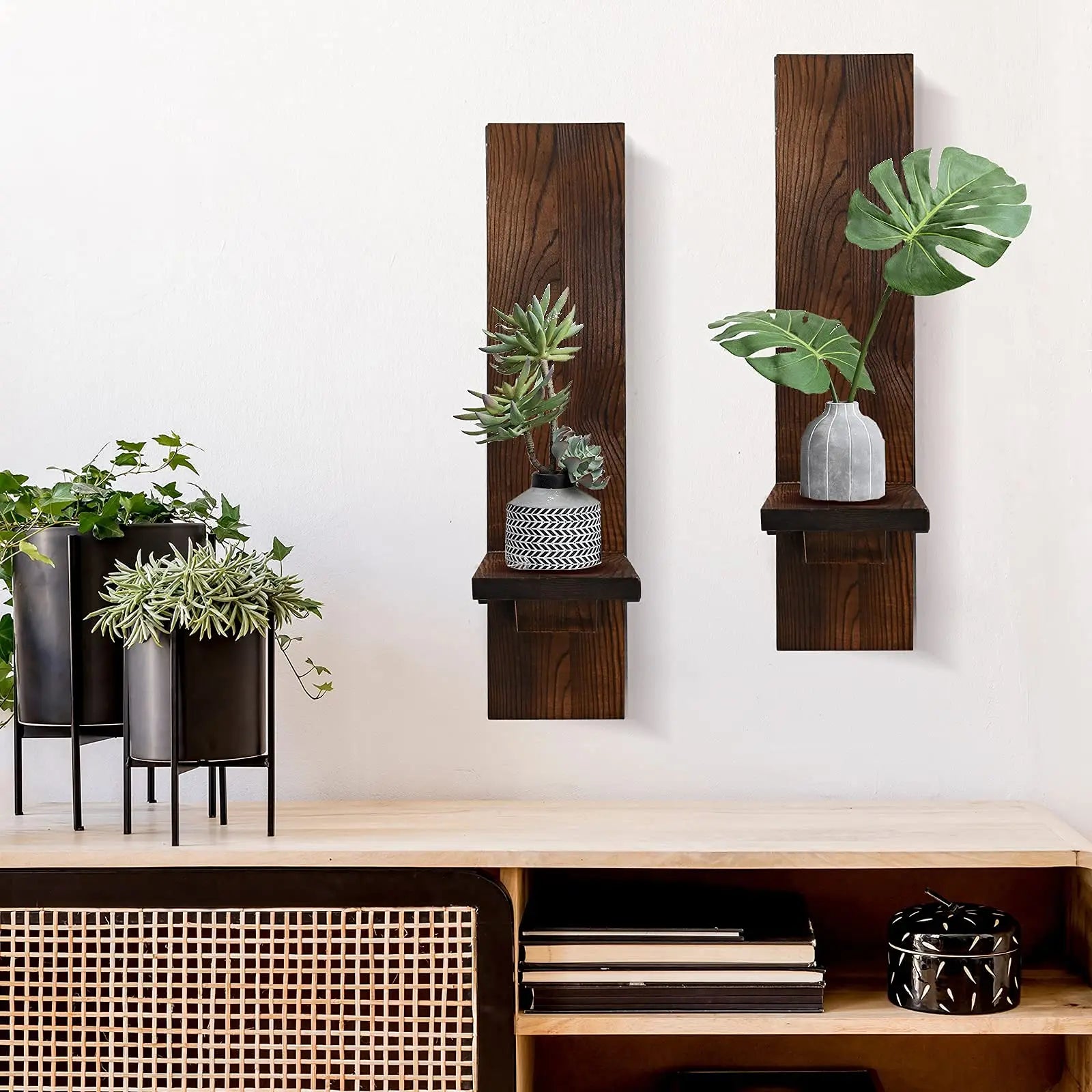 Set of 2 Wooden Wall Candle Sconces 15 in x 3.5 in x 4.3 in (38.1 x 8.9 x 10.9 cm) Rustic Wall-Mount Pillar Candle Holders