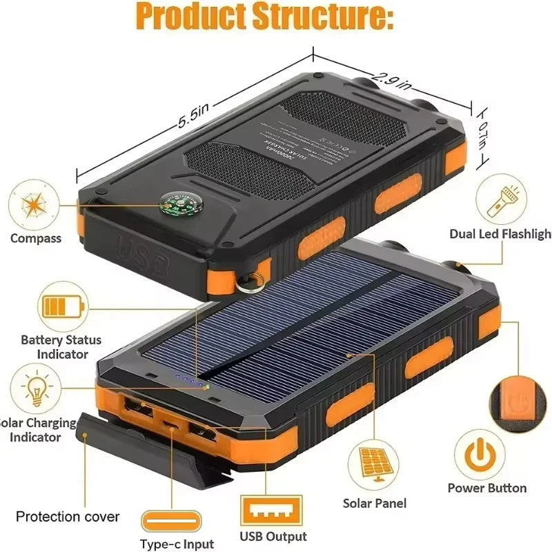 200000mAh Waterproof Solar Power Bank 20W Dual USB Portable Charger with LED Display & Flashlight for Camping