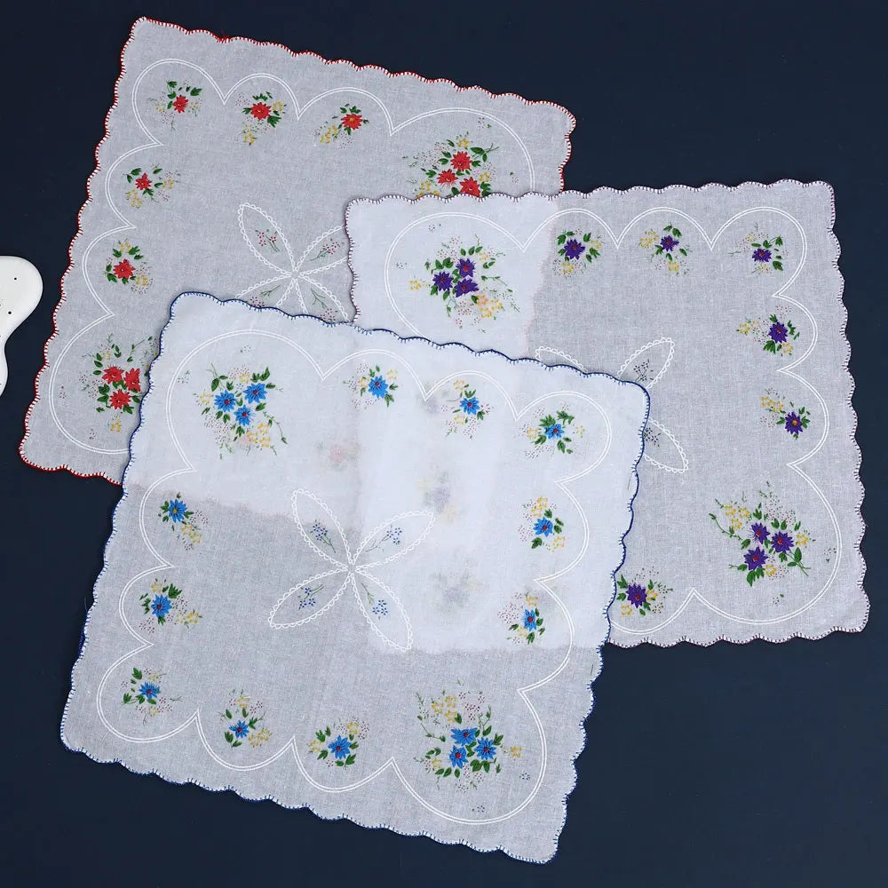 6-Pack Cotton Floral Handkerchiefs for Women, 28 cm (11 in) Scalloped Edge Pocket Towels & Wedding Napkins