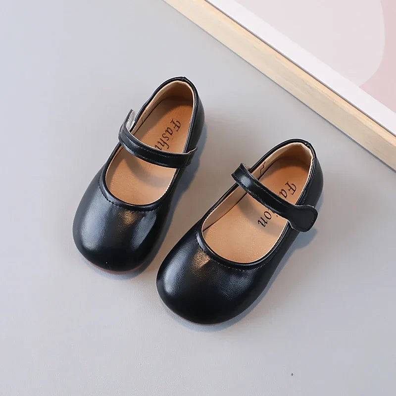 Girls Black PU Leather Mary Jane Flats — Anti-Skid School & Party Shoes (Ages 3-6)