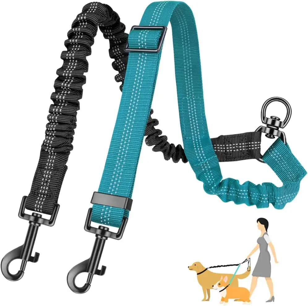 Adjustable Dual Dog Leash Coupler – No-Tangle Shock-Absorbing Bungee Splitter for Two Dogs (16.5–22.4 in / 42–60 cm, Elastic to 31.5 in / 80 cm)