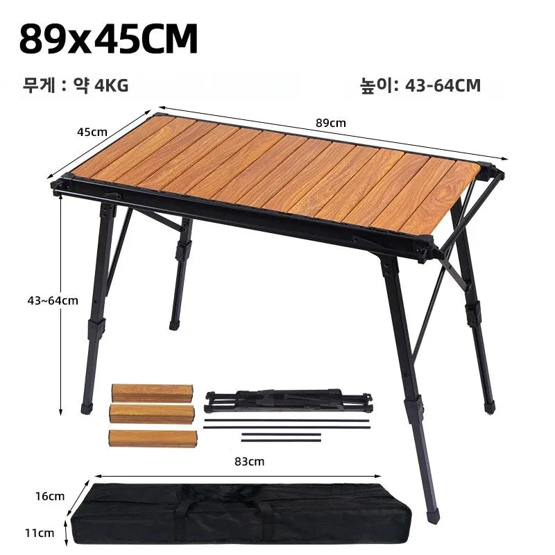 Folding IGT Camping Table – Portable Aluminum Frame with Wood-Grain Top, Adjustable Height 38–55 cm (15–22 in), 95×45 cm Surface (37×18 in) – Compact Foldable Picnic & BBQ Table