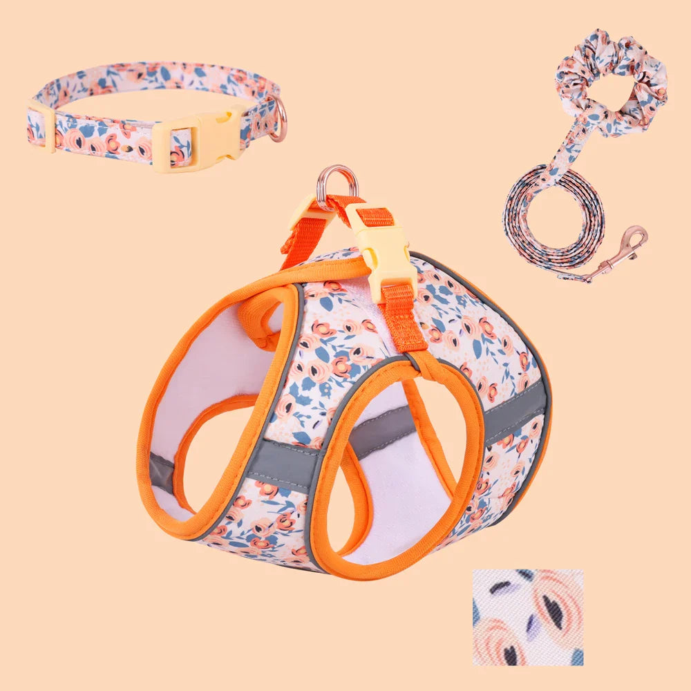 Adjustable Soft Vest Harness & Leash Set for Small & Medium Dogs & Cats – Reflective Printed Puppy Harness with Wrist Leash and Collar