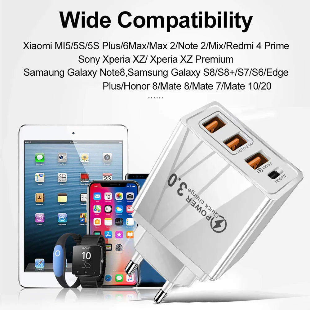 48W USB-C PD Fast Charger — QC 3.0 Wall Charger with EU/US Plug, Universal for Smartphones & Tablets
