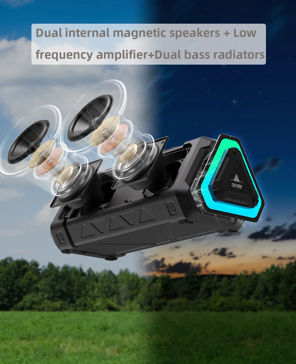 Portable Outdoor Bluetooth Speaker 40W Bluetooth 5.3 Stereo IP67 Waterproof Micro SD RGB Lights TWS