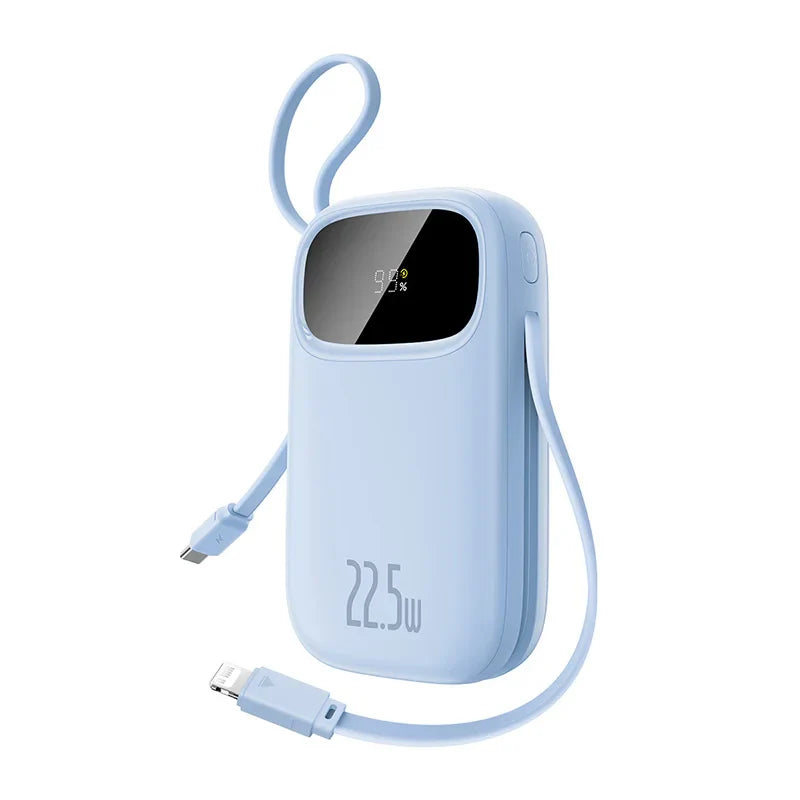 22.5W Fast Charging 10000mAh / 20000mAh Power Bank with Built-In Retractable USB-C & Lightning Cables – Portable Charger for iPhone, Samsung, Xiaomi
