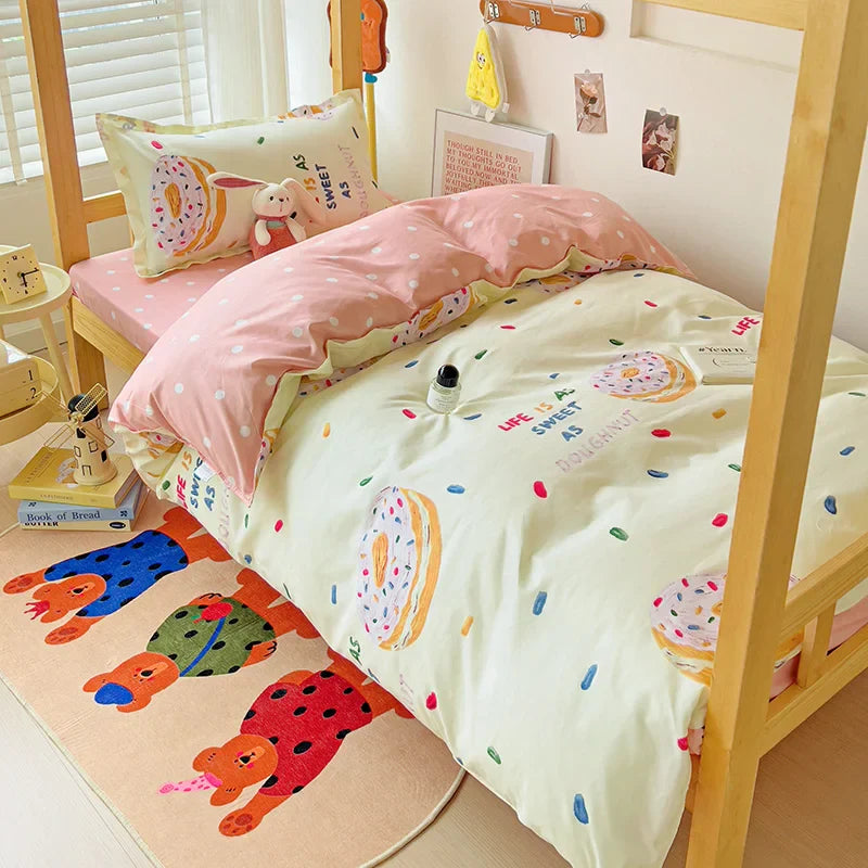 3-Piece Printed Quilt Set for Women – Japanese Korean Cartoon Bedding (1 Quilt + 2 Pillowcases)