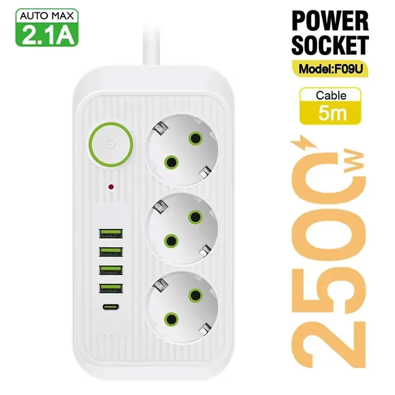 EU Power Strip 8 Outlets, 4 USB Fast Charging Ports, Overload Protection Extension Cord — 2m / 5m