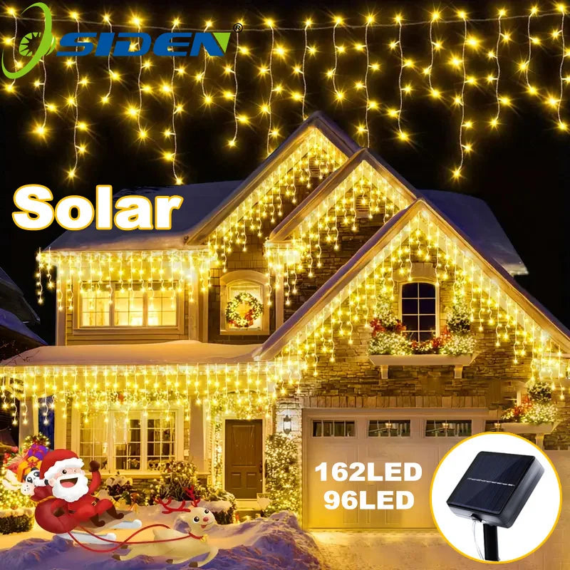 Solar Icicle Curtain Lights — 162/96 LED, 8 Modes, IP65 Waterproof, 9m/6m (29.5ft/19.7ft) Outdoor Christmas Fairy String Lights