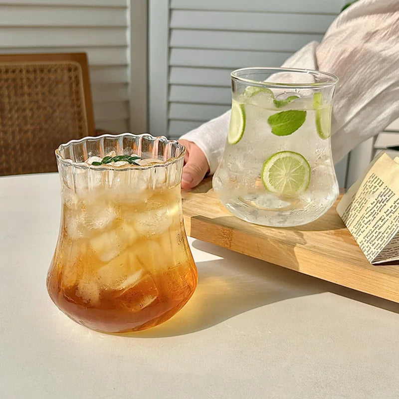 Wave Ripple Glass Tumbler - Transparent Iced Coffee & Milk Tea Cup, 280 ml (9.5 fl oz) & 530 ml (18 fl oz)