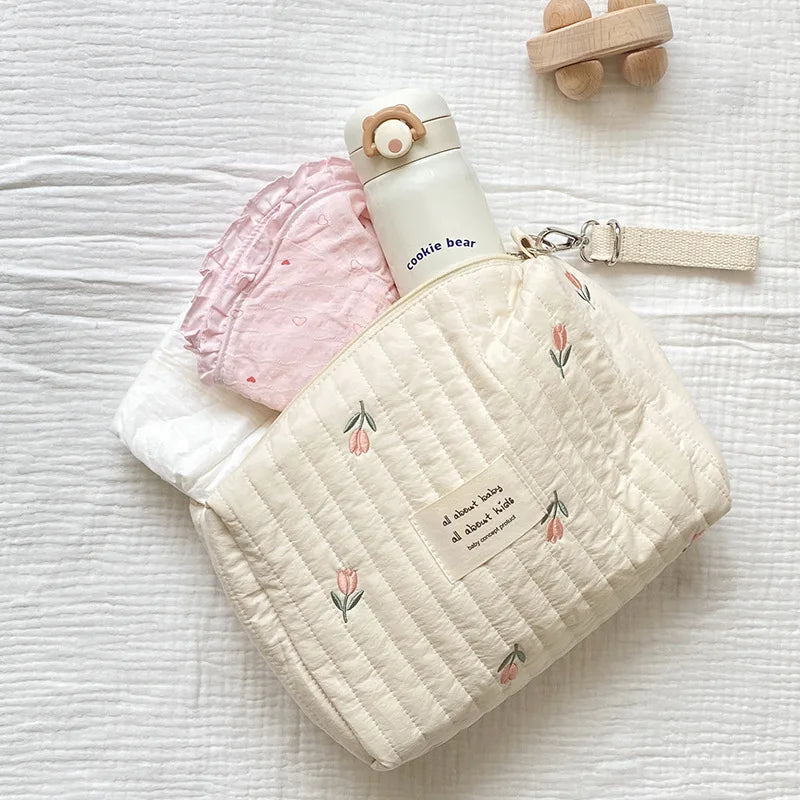 Cute Embroidered Floral Mommy Diaper Bag – Zippered Newborn Nappy Pouch & Stroller Organizer