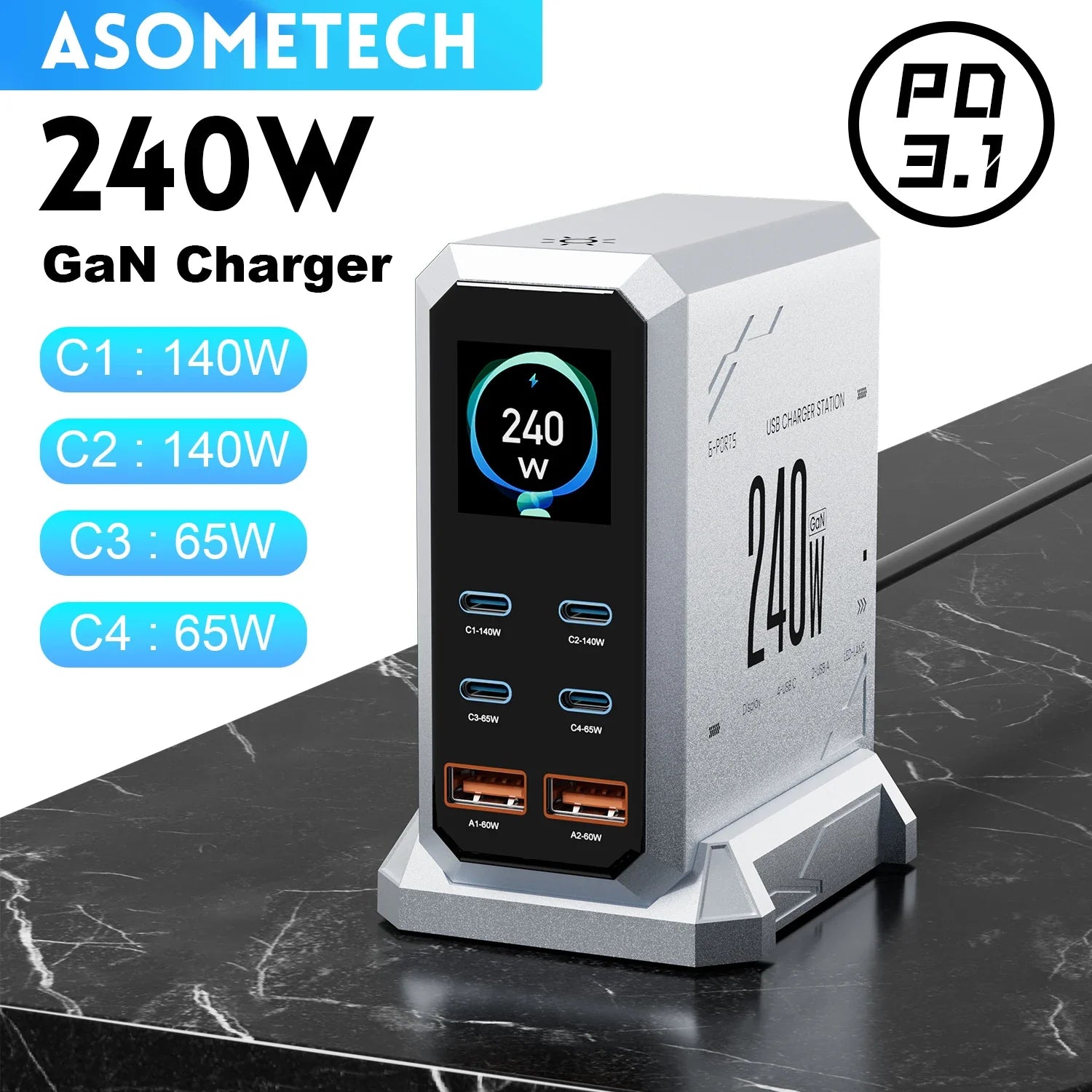 240W GaN 6-Port Fast Charger PD 3.1 - 140W USB-C PD PPS Desktop Charging Station (4 USB-C, 2 USB-A) for Laptops, Phones & Tablets