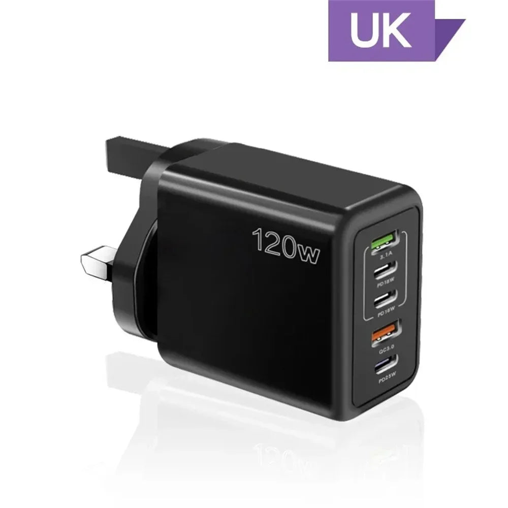 5-Port 120W USB-C PD Fast Wall Charger (3×USB-C + 2×USB-A) — Multi-Device Fast Charging for Smartphones & Tablets