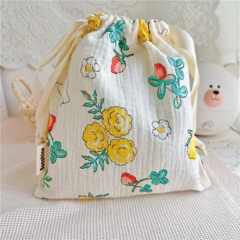 Printed Floral Diaper Bag – Cotton Drawstring Mommy Nappy Bag, Travel & Stroller-Friendly Organizer
