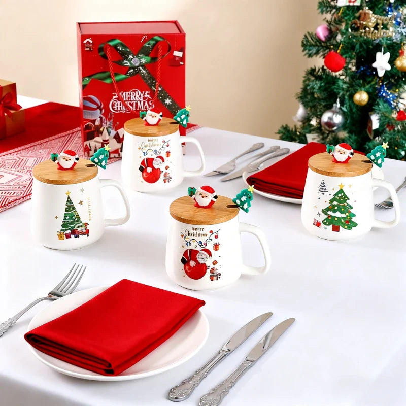 Christmas Tree Ceramic Mug with Lid and Spoon, Holiday Coffee & Tea Gift