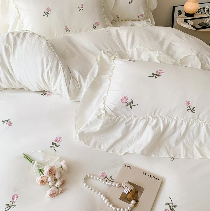 3‑Pc Rose Embroidered Duvet Cover Set with Ruffled Lace Pillowcases — Princess Bedding, Multiple Bed Sizes