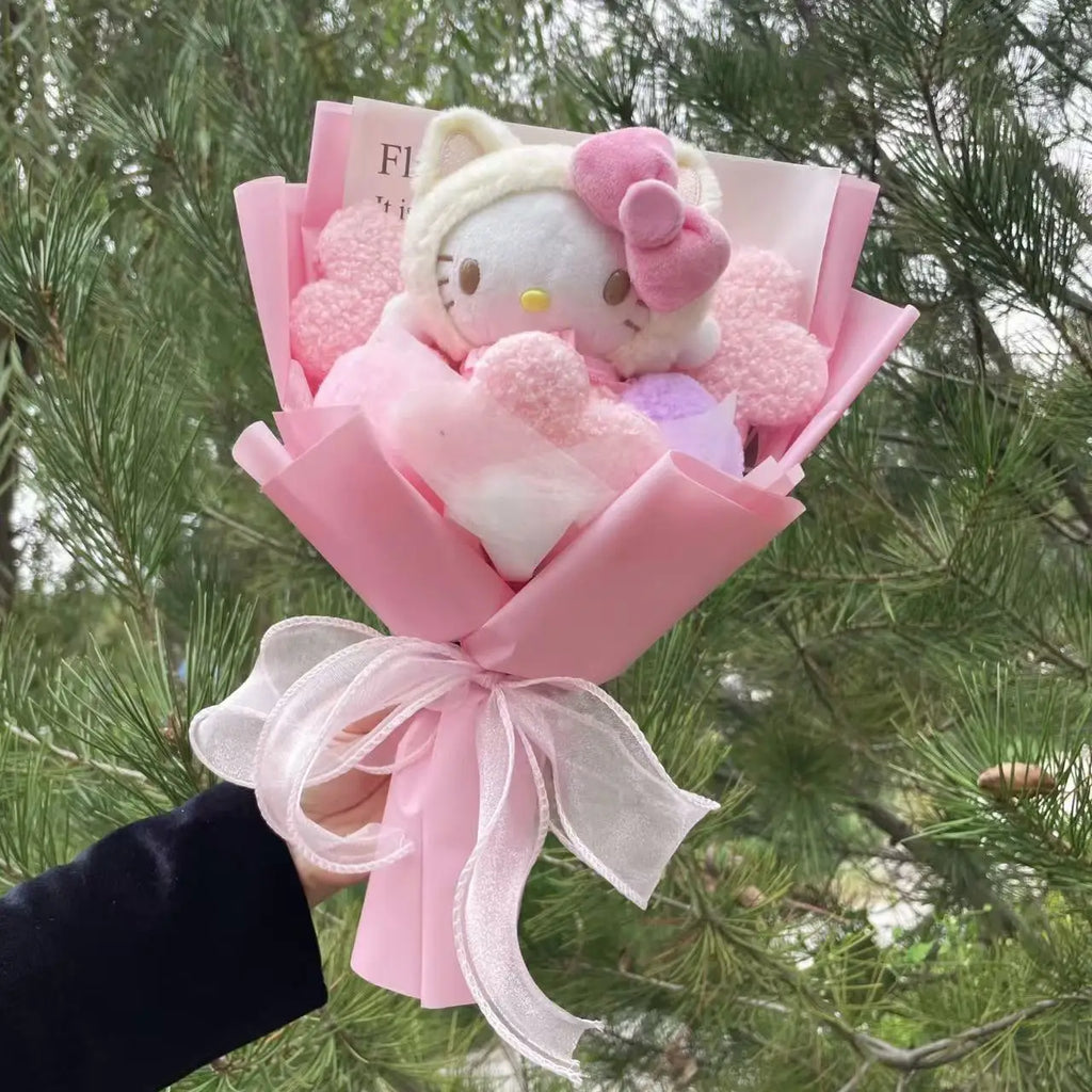 Kawaii Cat Plush Bouquet with Artificial Flowers — Cute Plush Doll Gift for Her, Valentine, Birthday, Graduation