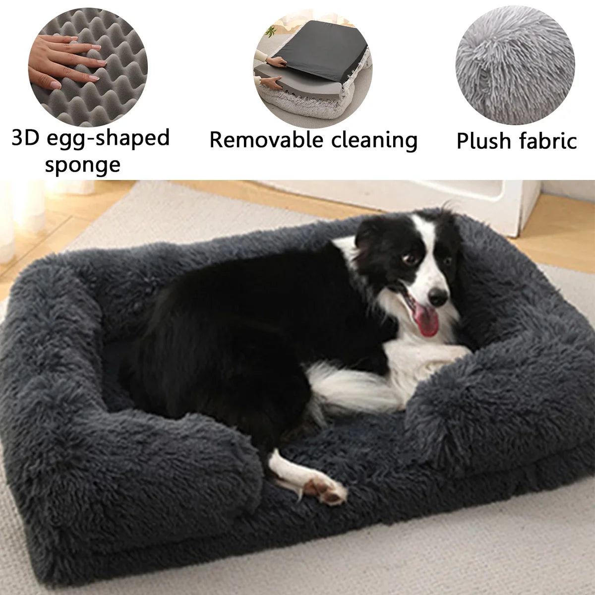 Square Plush Dog Bed with Memory Foam – Thickened Winter Pet Sofa Bed with Removable Cover (S/M/L/XL)
