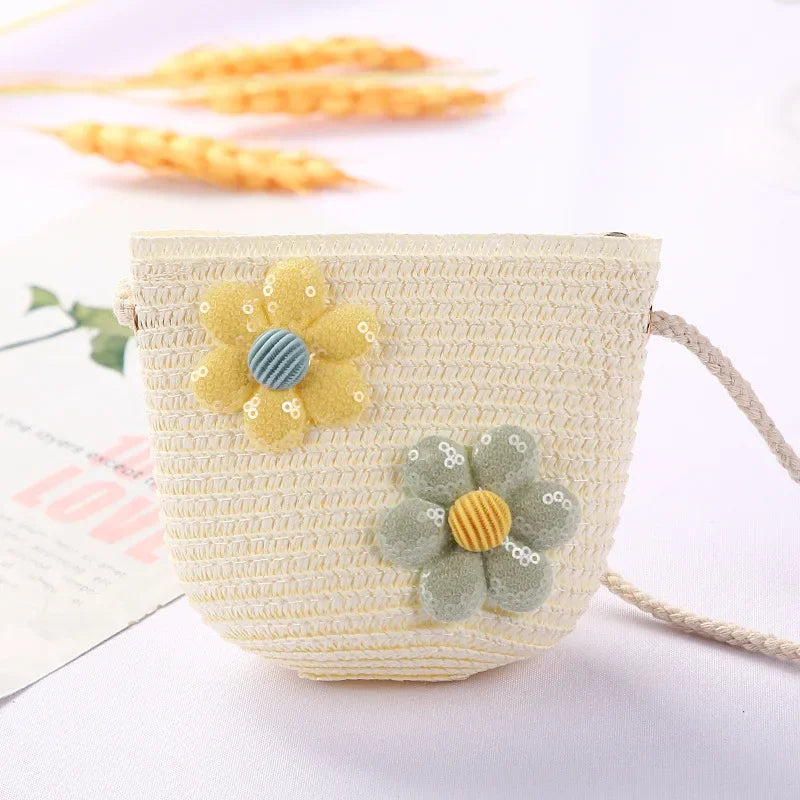 Girls Daisy Straw Mini Messenger Bag, Kids Shoulder Handbag with Coin Purse