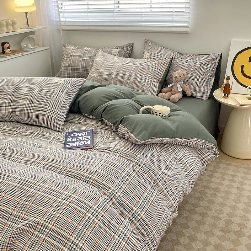 Nordic Plaid Washed Cotton Bedding Set - Duvet Cover + Pillowcases & Flat Sheet - Twin/Full/Queen/King