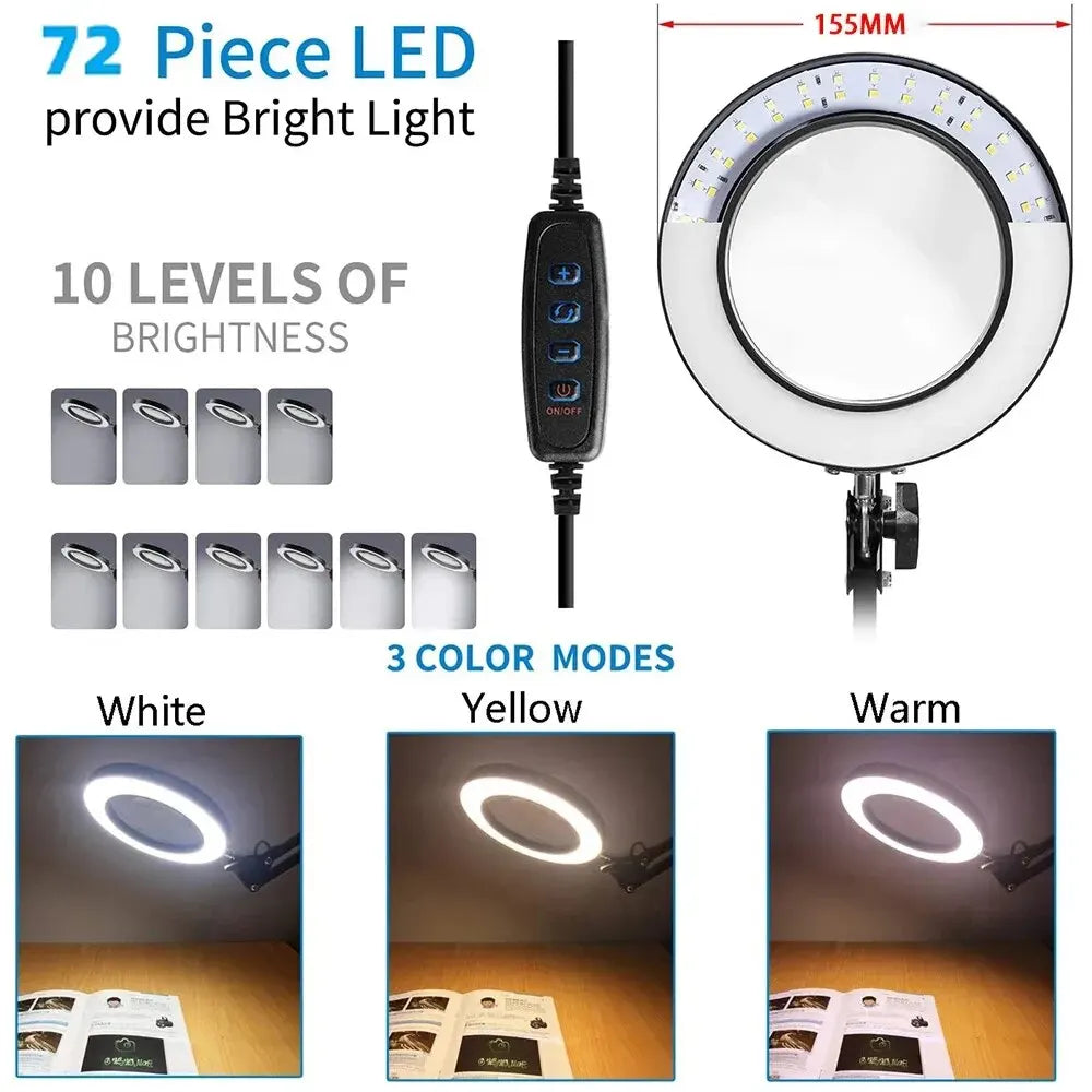 72-LED 4.2-Inch (106 mm) 8X/10X USB Illuminated Magnifying Lamp — 3-Color LED, Adjustable Swing Arm Clamp for Soldering, Repair & Beauty