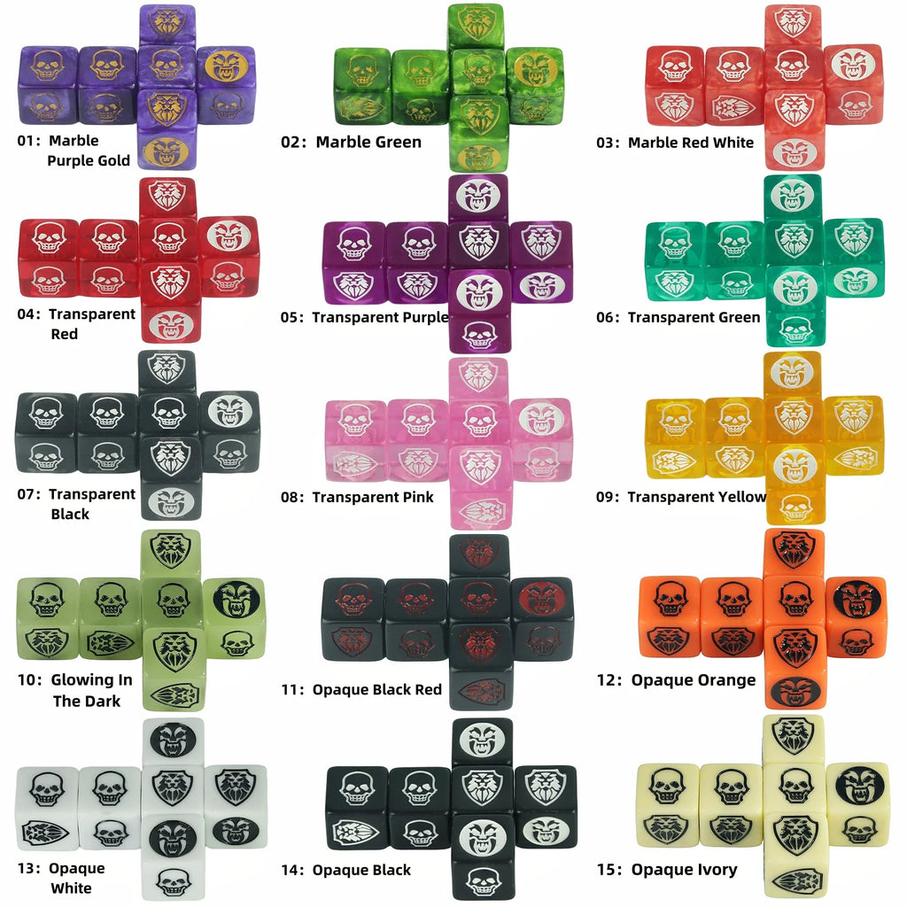 6-Pack 16mm D6 Game Dice - Transparent, Opaque & Marble Colors for Board Games & Tabletop RPGs