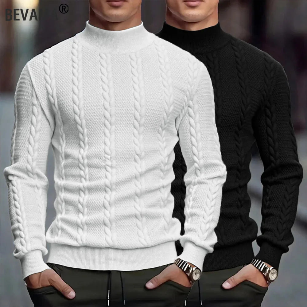 Men's High Collar Knit Sweater - Slim Fit Vintage Twist Turtleneck Pullover, Warm Winter Knitwear