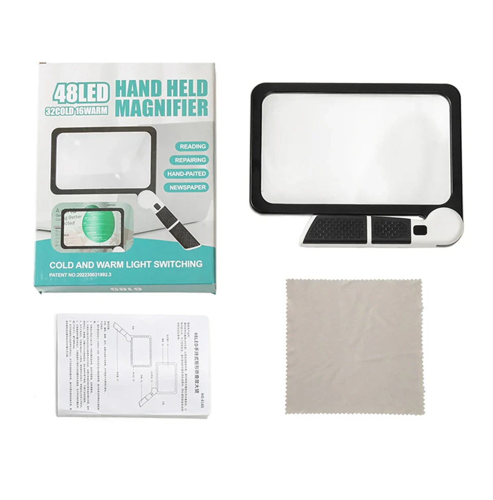 5X Rectangular LED Reading Magnifier - 48 LEDs, Dimmable Foldable Handheld, 7.3 x 4.4 in (18.5 x 11.2 cm) Large Lens for Seniors & Low Vision