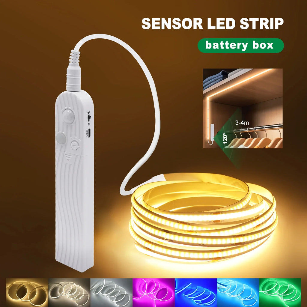 5V COB LED Strip Light with Motion Sensor – USB or 4×AAA Battery Powered, 320 LEDs/m, Cuttable, 0.5–5m (Warm to Cool White + RGB)