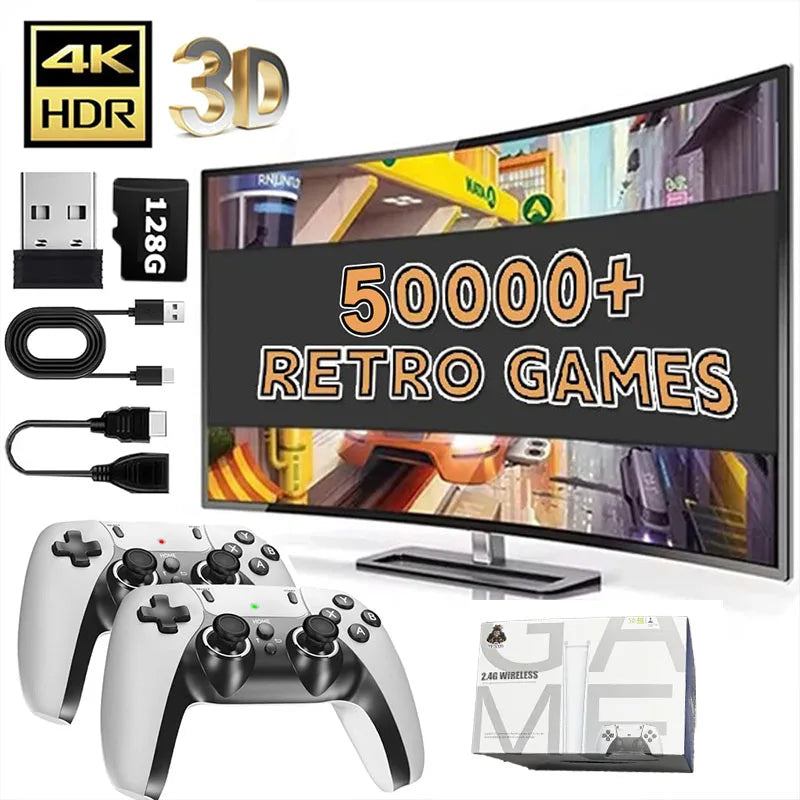 128GB Retro Game Stick TV Console 4K HDMI Wireless Gamepads 50,000+ Classic Arcade Games Two-Player