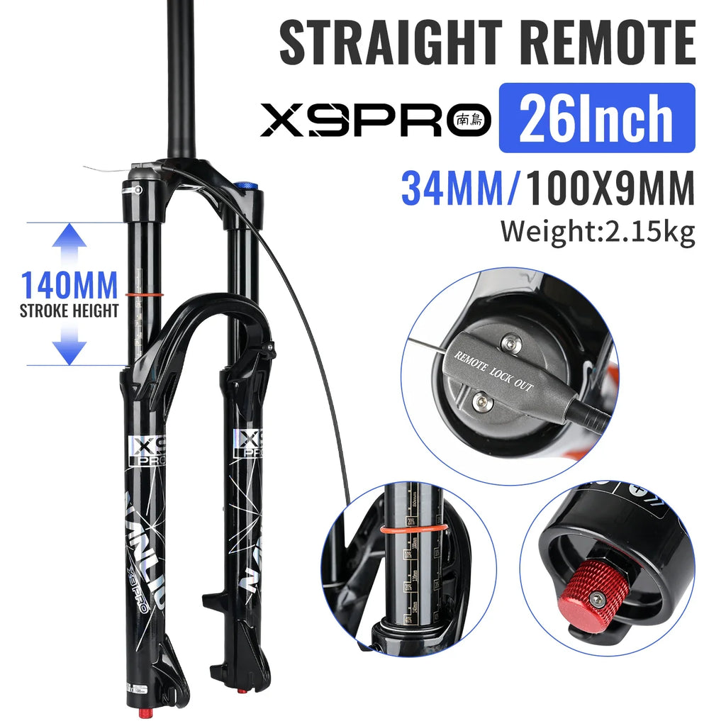 34mm MTB Suspension Fork for 26/27.5/29 in Wheels, Oil & Air Damping, 140/160mm (5.5/6.3 in) Travel with Metal Bushings