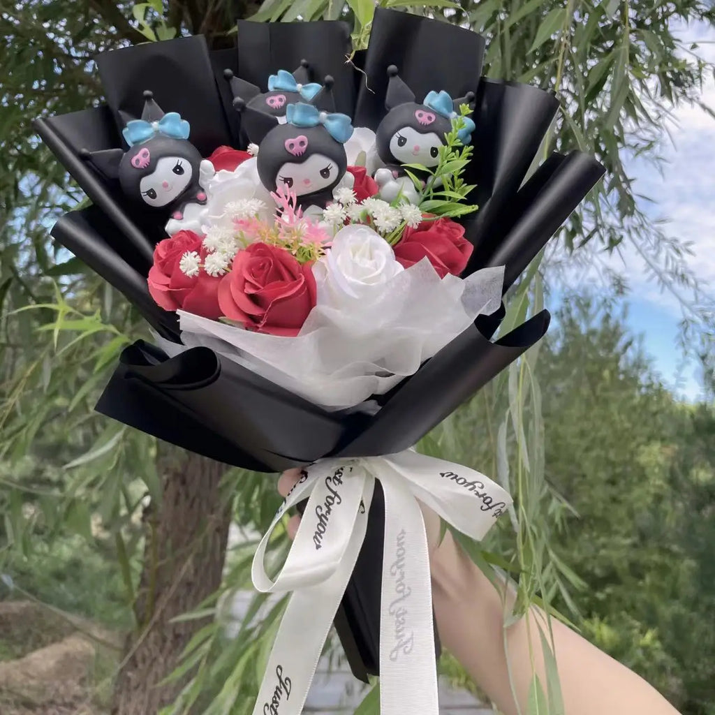 Kawaii Cat Plush Bouquet with Artificial Flowers — Cute Plush Doll Gift for Her, Valentine, Birthday, Graduation