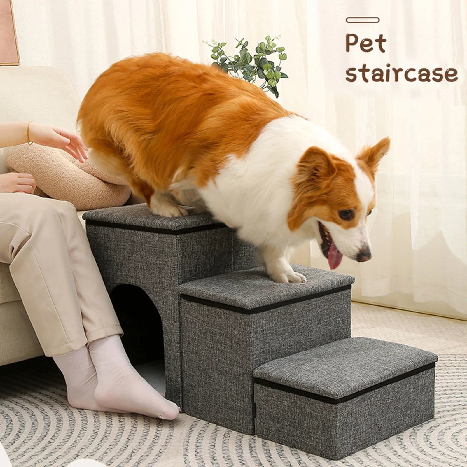 Foldable Pet Stairs with Storage Box and Non-Slip Pads — 3-Size Dog & Cat Ramp Set for Beds, Sofas, Indoor/Outdoor