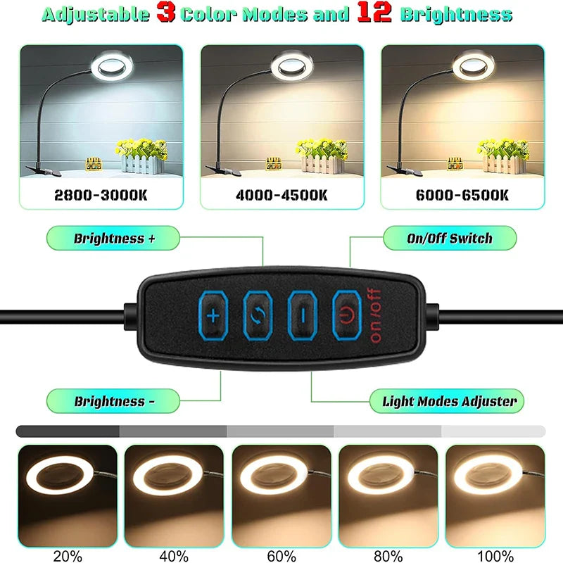 10X Clamp-On Gooseneck Magnifying Glass with 3-Color LED, 3.7 in (94 mm) Glass Lens for Reading, Nail Art & Crafts