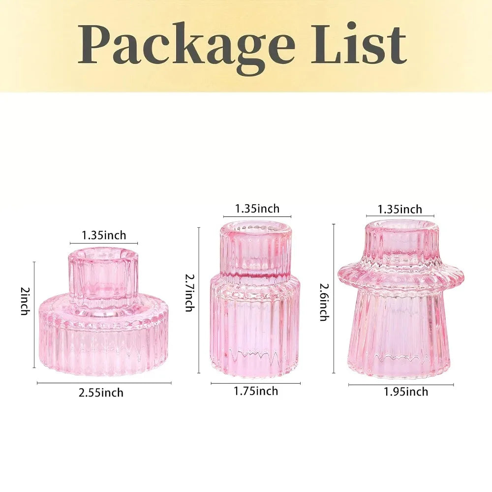 3-Pack Ribbed Double-Ended Glass Candle Holders — Vintage Taper & Tealight Centerpiece Set for Weddings, Dinner Parties, Home Decor