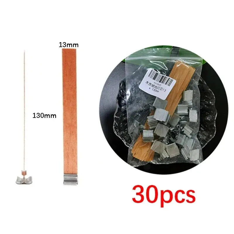30-Pack Premium Wooden Candle Wicks with Metal Clip Bases for Candle Making – Paraffin & Beeswax Smokeless Wicks