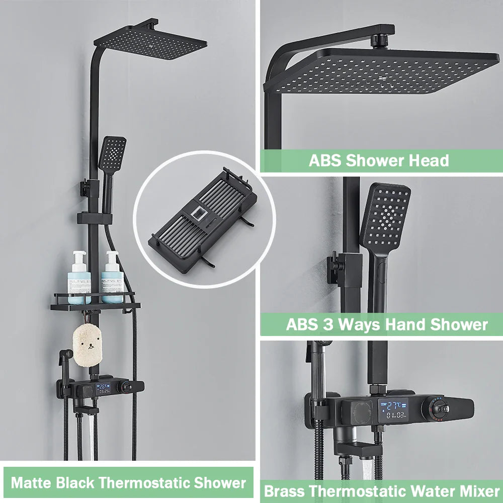 Black Digital Thermostatic Shower System 10-Inch (25.4 cm) Rainfall Head 4-Way Mixer with Digital Display, Slide Bar Shelf & Bidet Faucet