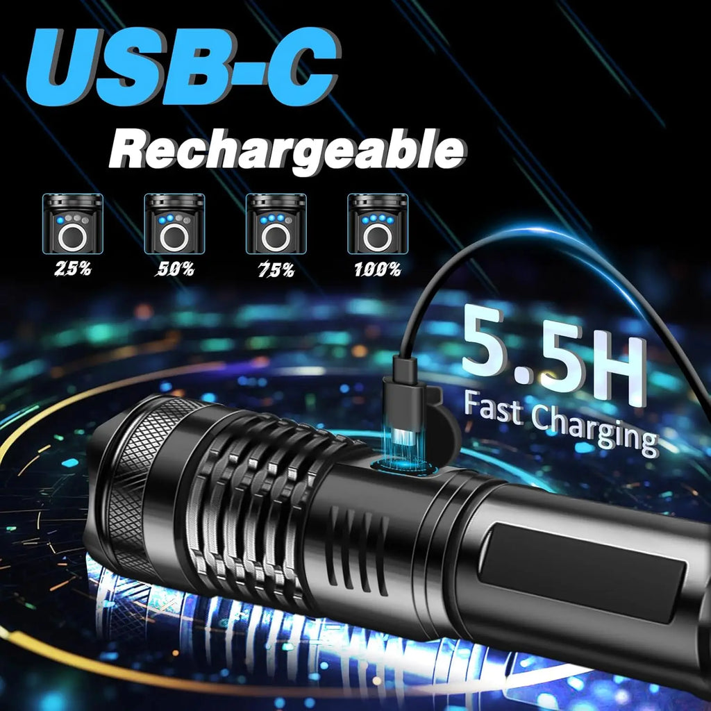 High-Power Rechargeable LED Tactical Flashlight, Aluminum Telescopic Zoom, USB-C, IPX65 Waterproof for Camping & Fishing