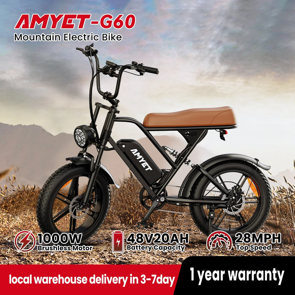 Electric Fat-Tire Bike 1000W (Peak 1500W) – 48V 20Ah Removable Battery, 20×4 in (50.8×10.16 cm) Wheels, 7-Speed, Dual Suspension