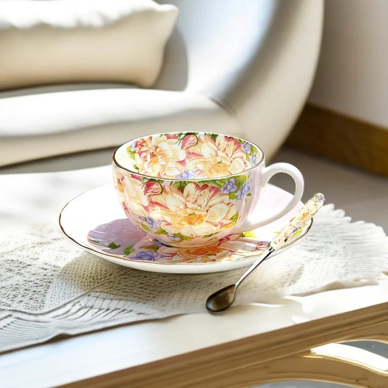 Bone China Afternoon Tea Cup Set with Saucer & Spoon — 200–210ml (6.8–7.1 fl oz) Teacup for Home, Office & Cafe Gift
