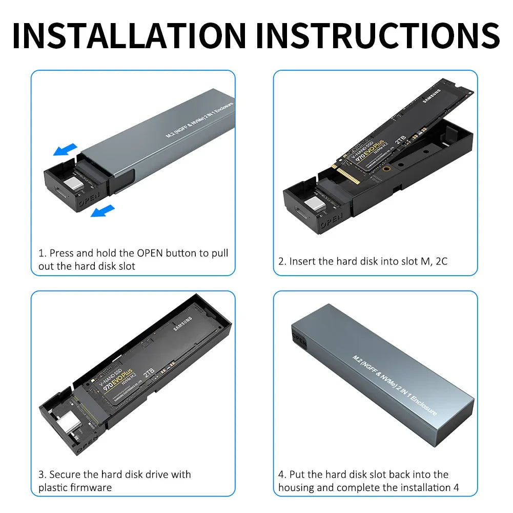 Dual-Protocol M.2 NVMe/SATA SSD Enclosure – USB 3.1 Gen2 10Gbps, Supports 2230/2242/2260/2280 (Type-C to C/A)