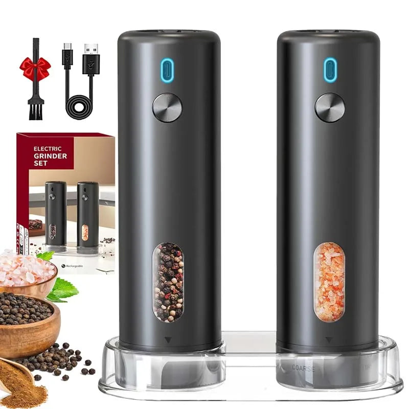 Electric Salt and Pepper Grinder Set – USB Rechargeable Automatic Ceramic Mills, 6-Setting Adjustable Coarseness, LED Light, 110 ml (3.72 fl oz)