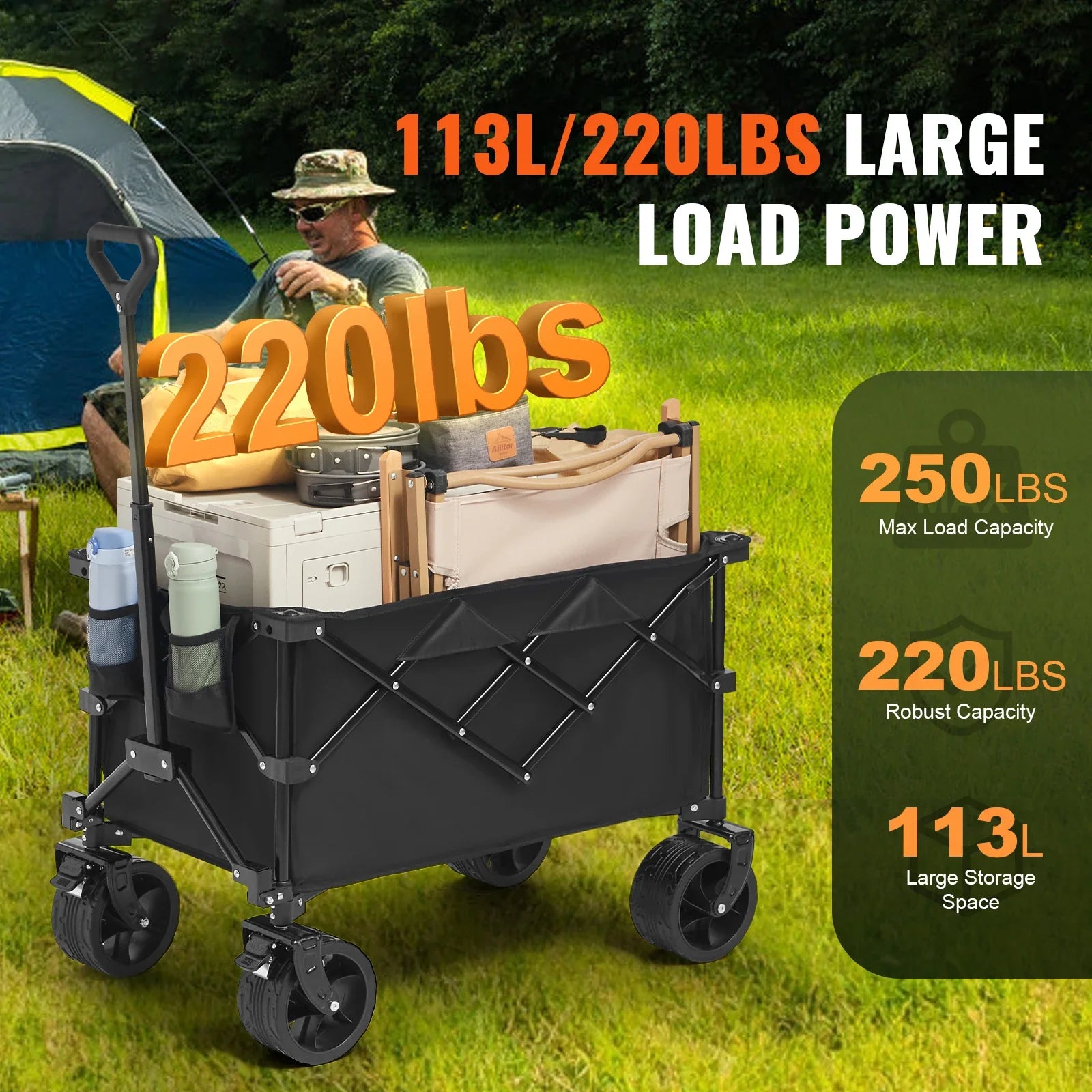 Collapsible Folding Wagon Cart — All-Terrain Beach & Camping Utility Wagon with Drink Holder & Storage Pockets