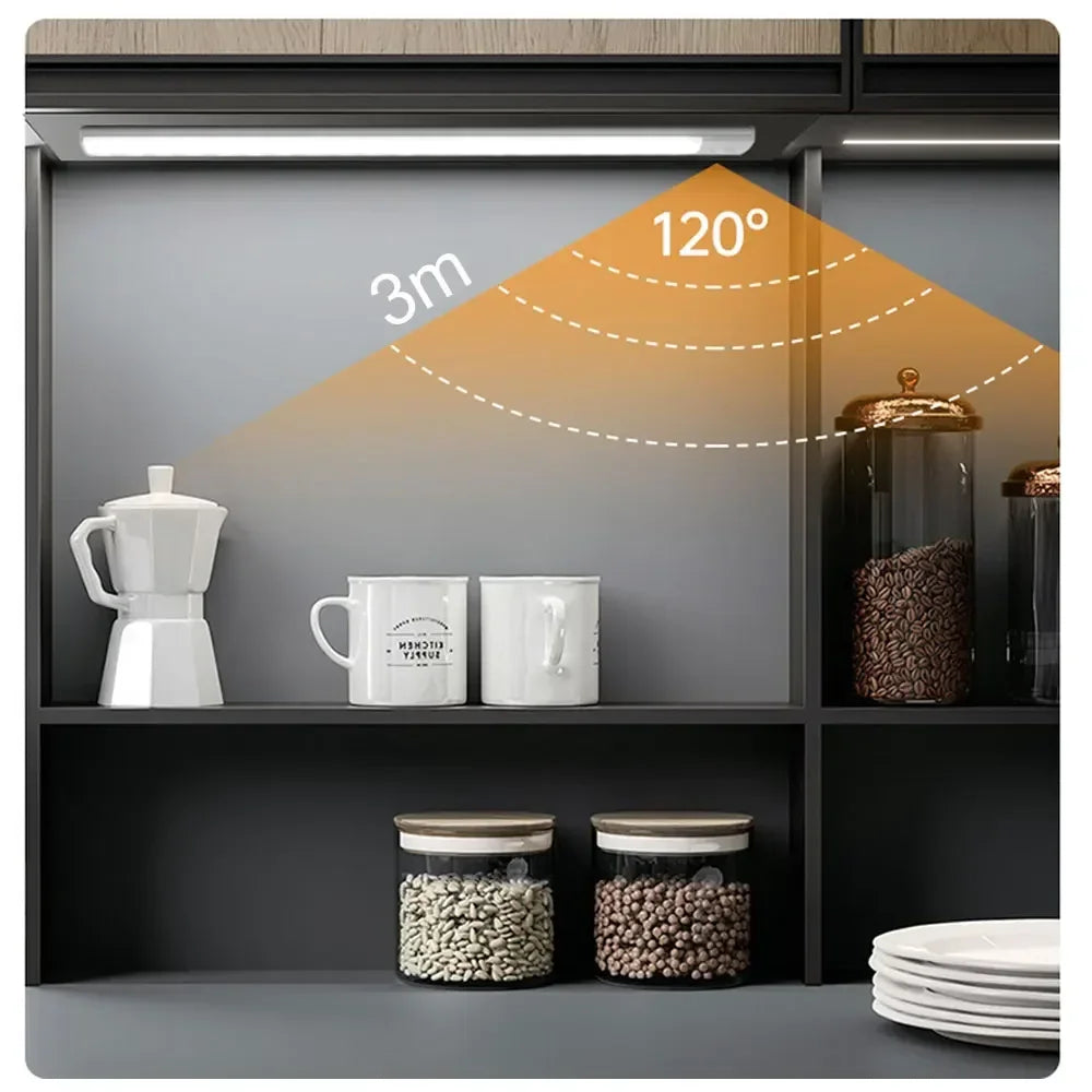 USB Rechargeable LED Motion Sensor Bar Light — Dimmable 3-Color Under-Cabinet Night Light, 10/20/30/40/50 cm (4–20 in)