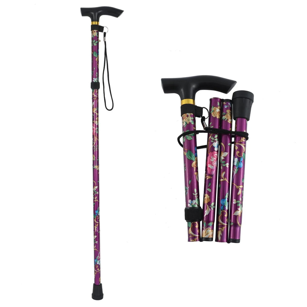 Adjustable Foldable Flower-Top Aluminum Walking Cane – T-Handle Portable Hiking Stick, 32–36 in (82–92 cm)
