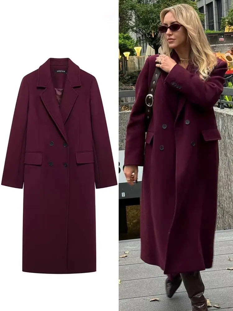 Women's Burgundy Double-Breasted Wool-Blend Coat - Long Sleeve Lapel Jacket, Autumn Winter Outerwear