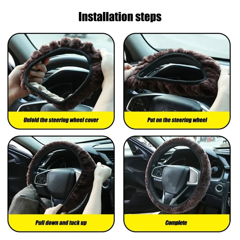 Plush Steering Wheel Cover 38 cm (15 in) Thick Winter Warm Non-Slip Soft Universal Fit for Most Cars